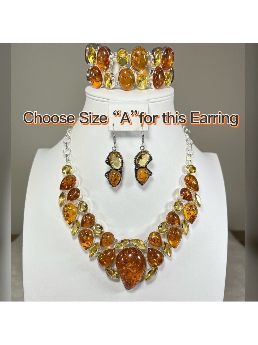 Amber & Citrine 925 Large synthetic stones Necklace Bracelet & ONE Earring ONLY - Picture 3 of 17